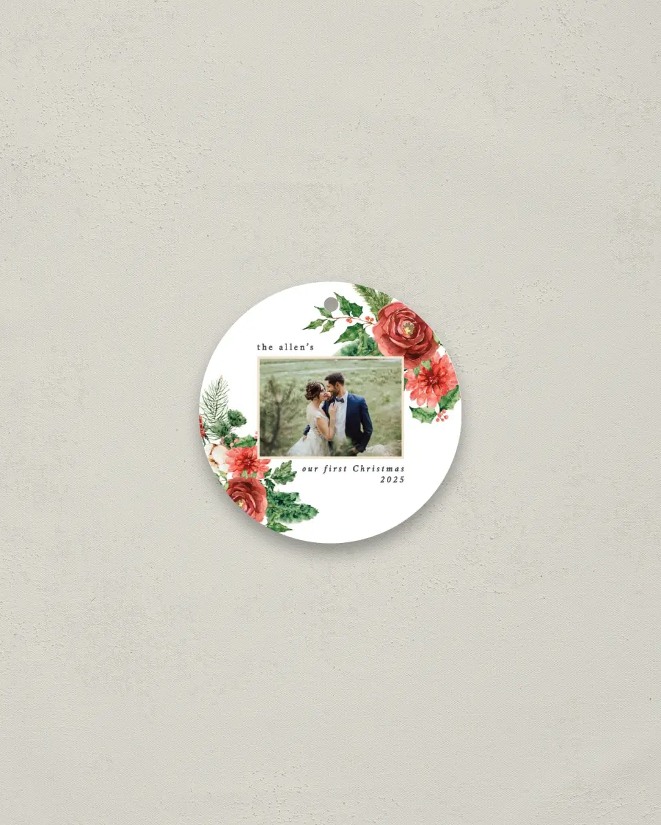 This is a 2¾" x 2¾" Wedding Metal Ornament called Christmas Roses printed in full color