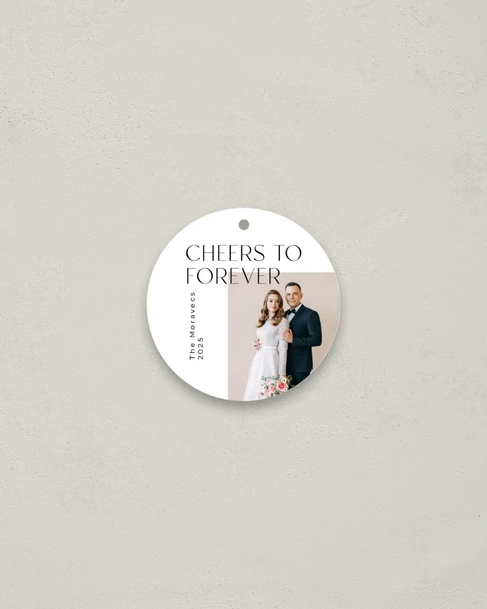 This is a 2¾" x 2¾" Wedding Metal Ornament called Cheers to Forever printed in full color