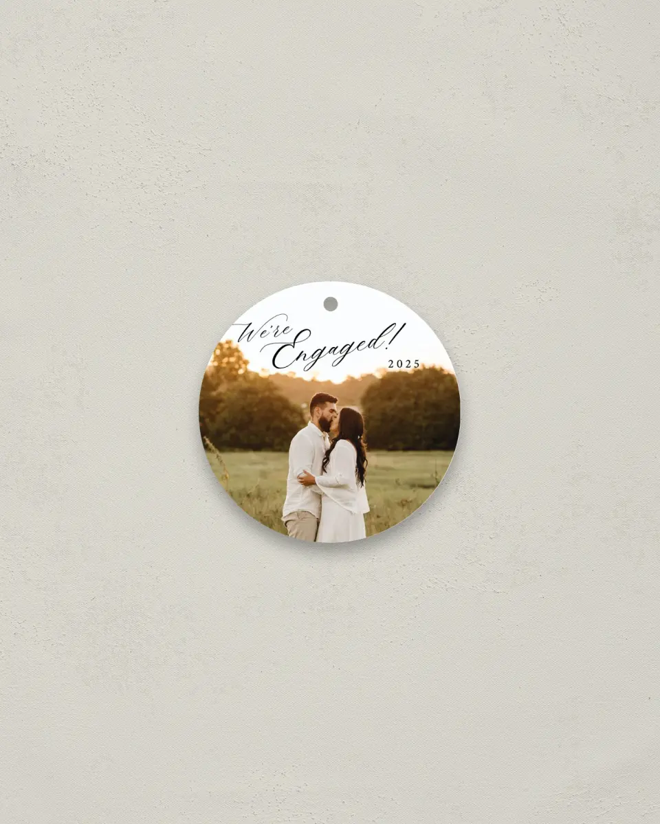 This is a 2¾" x 2¾" Wedding Metal Ornament called Elegant Engagement printed in full color