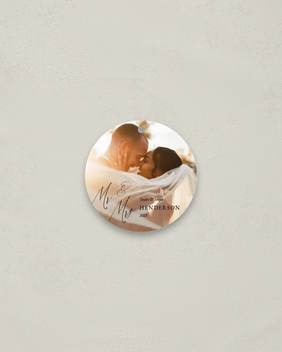 This is a 2¾" x 2¾" Wedding Metal Ornament called Dramatic Greetings printed in full color