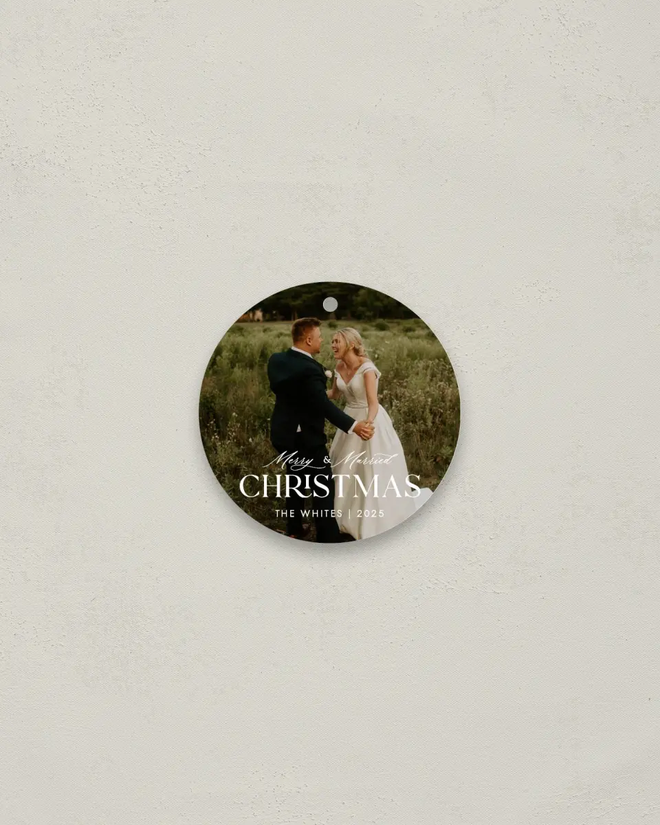 This is a 2¾" x 2¾" Wedding Metal Ornament called Scripted Merry printed in full color