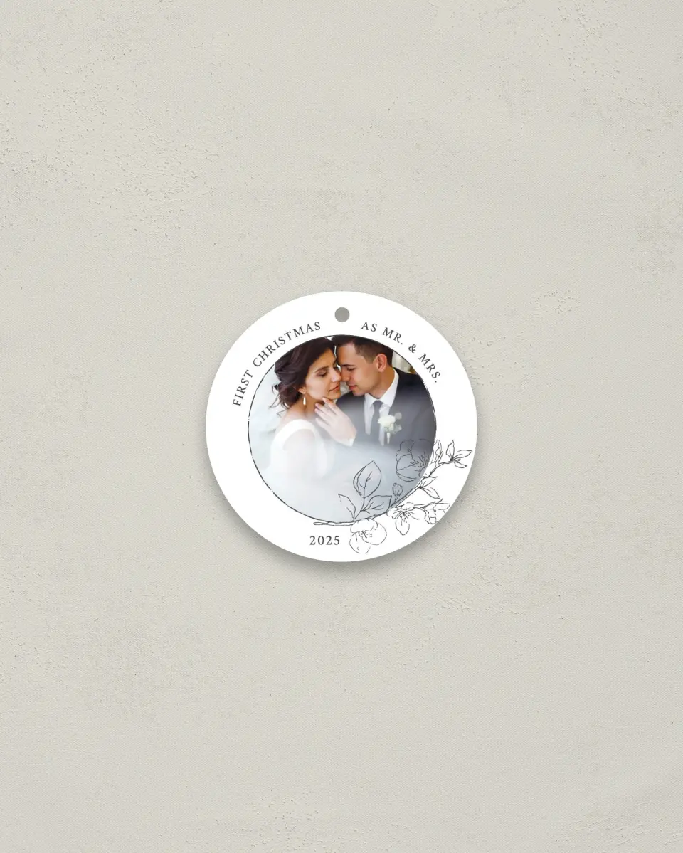 This is a 2¾" x 2¾" Wedding Metal Ornament called First of Many printed in full color