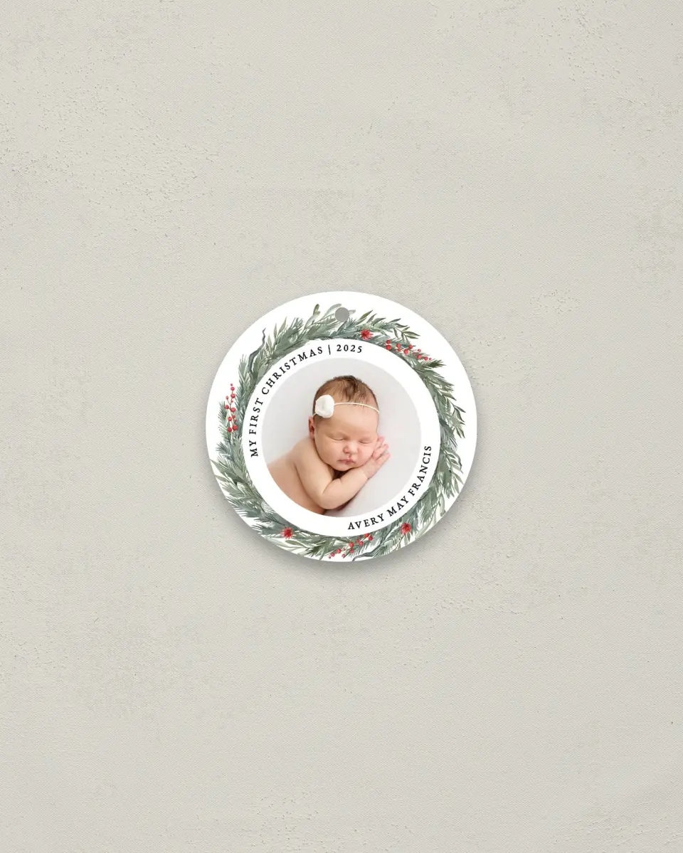 This is a 2¾" x 2¾" Metal Ornament called Baby's First Christmas printed in full color