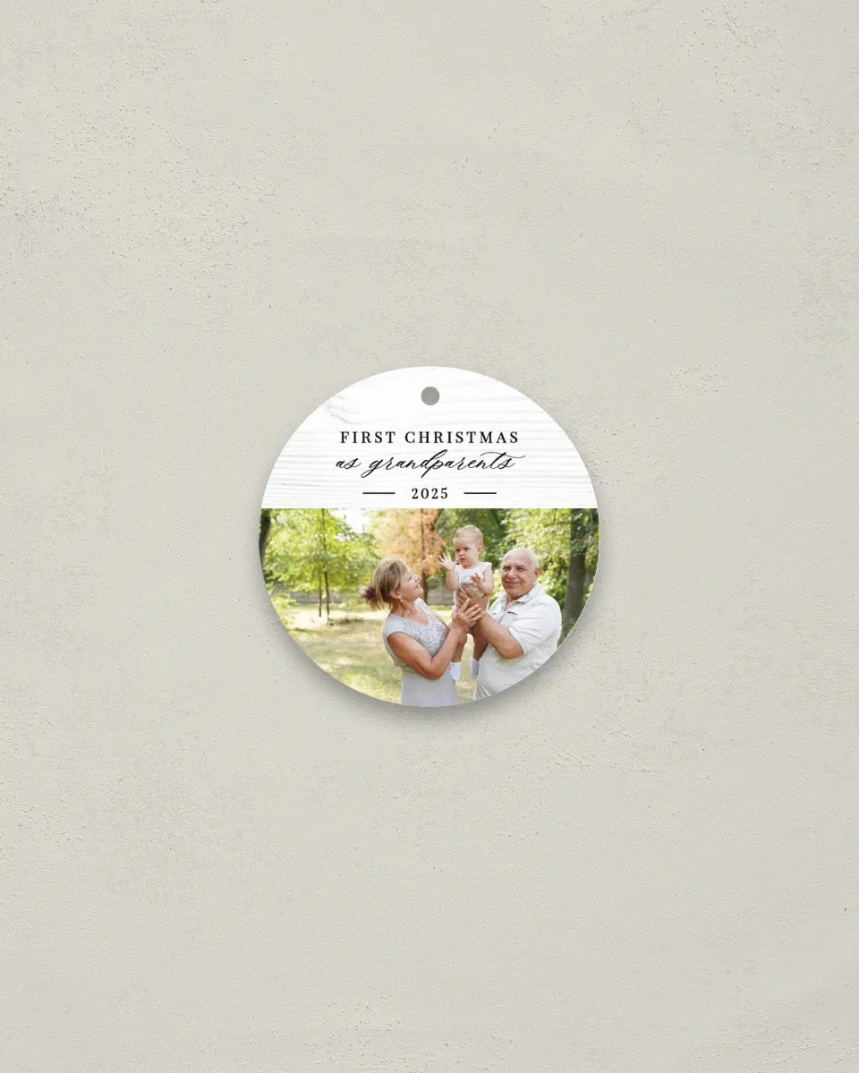This is a 2¾" x 2¾" Metal Ornament called First Christmas as Grandparents printed in full color