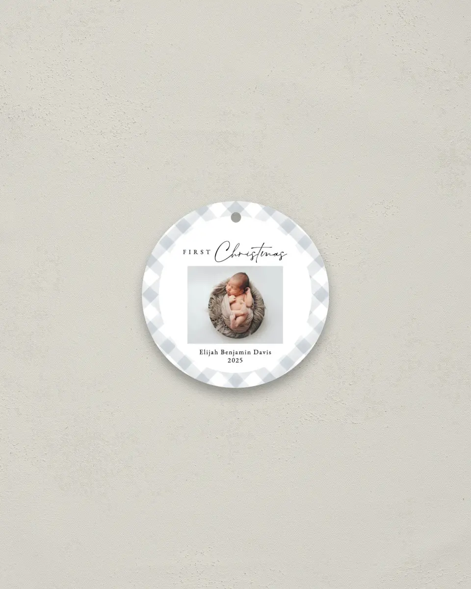 This is a 2¾" x 2¾" Metal Ornament called First Christmas for Baby printed in full color