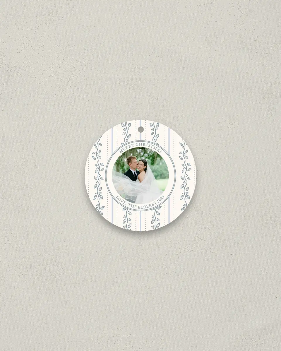 This is a 2¾" x 2¾" Wedding Metal Ornament called Petal and Pine printed in full color