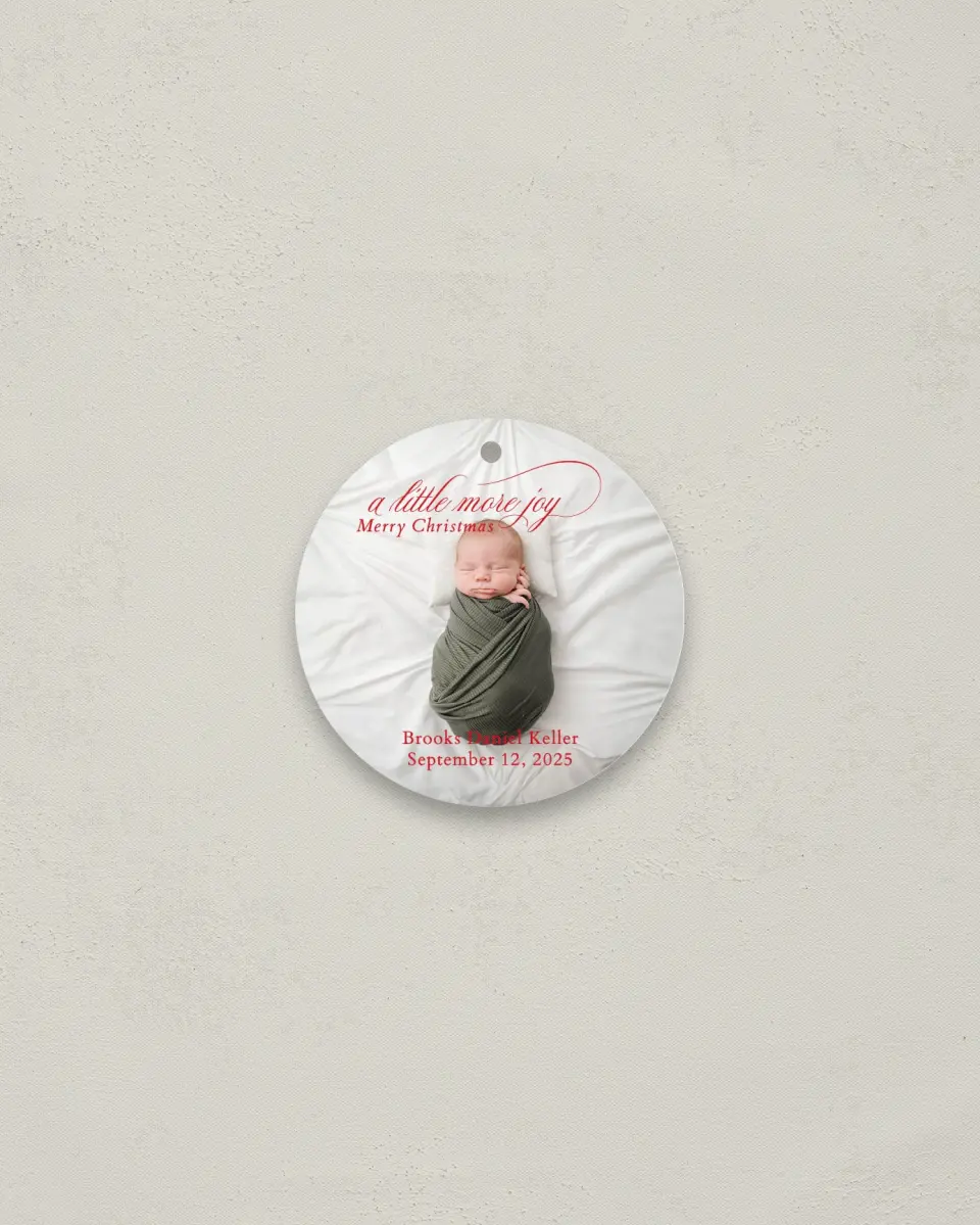 This is a 2¾" x 2¾" Wedding Metal Ornament called Little More Joy printed in full color