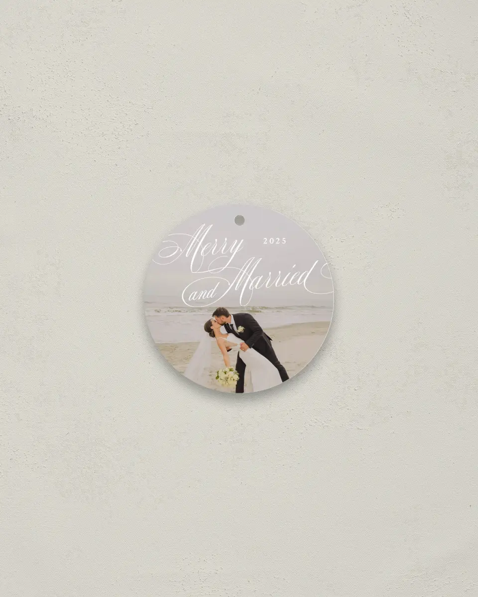 This is a 2¾" x 2¾" Wedding Metal Ornament called Grand Holiday printed in full color