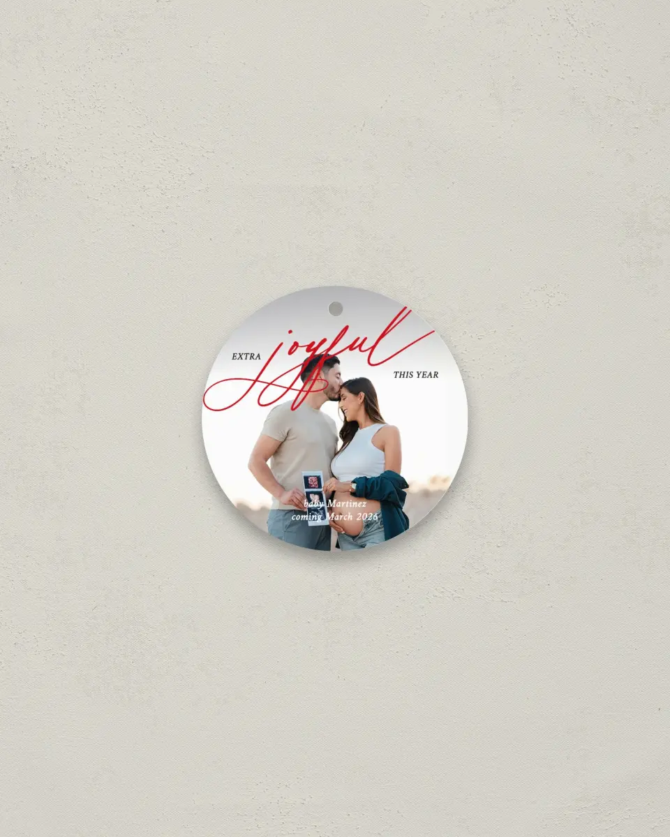 This is a 2¾" x 2¾" Wedding Metal Ornament called Extra Joyful printed in full color