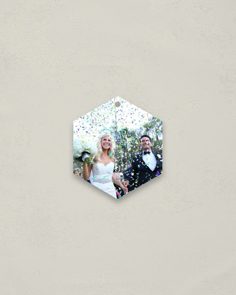 This is a 3" x 3" Wedding Metal Ornament called Full Photo printed in full color
