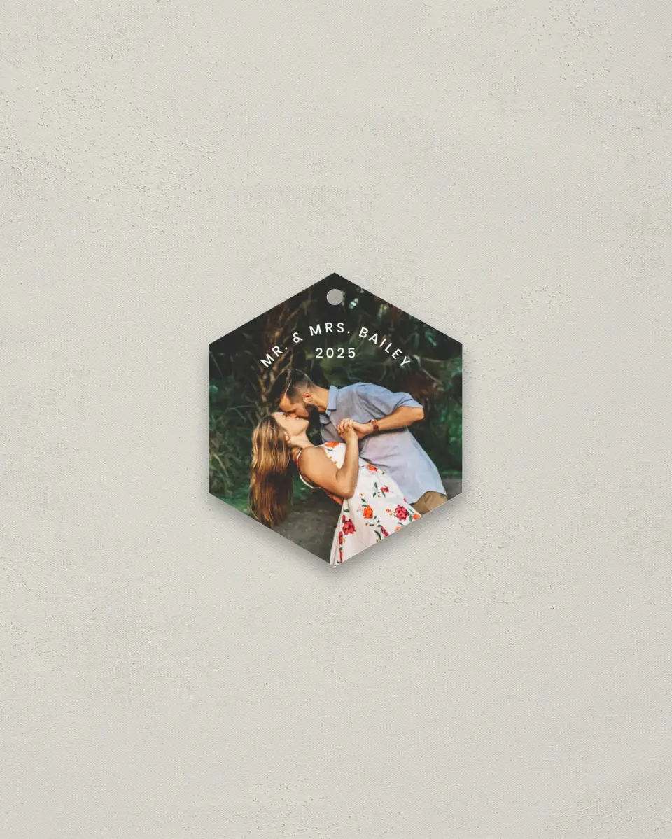 This is a 3" x 3" Wedding Metal Ornament called Full Photo with Text printed in full color
