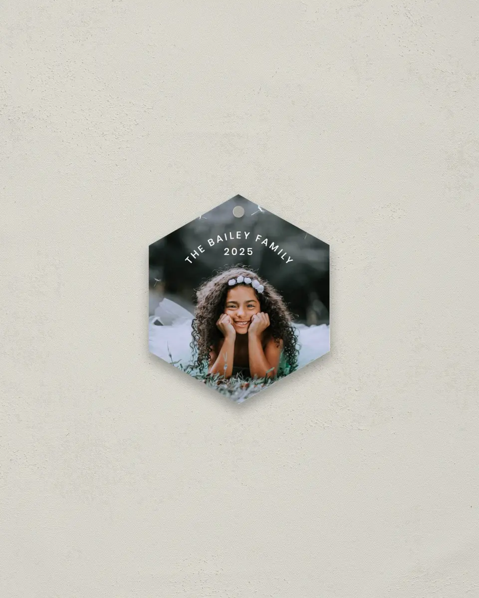 This is a 3" x 3" Metal Ornament called Full Photo with Text printed in full color