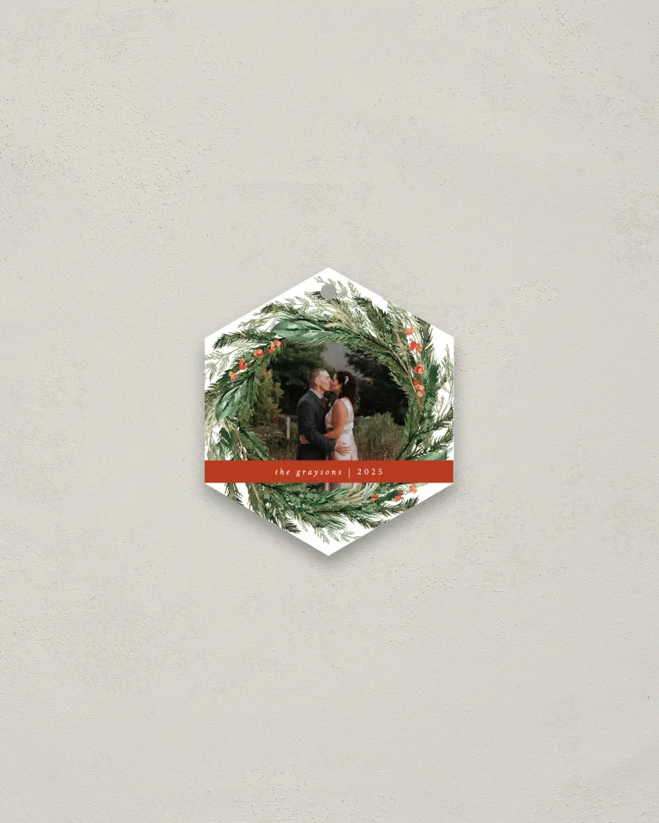 This is a 3" x 3" Metal Ornament called Warm Wreath printed in full color