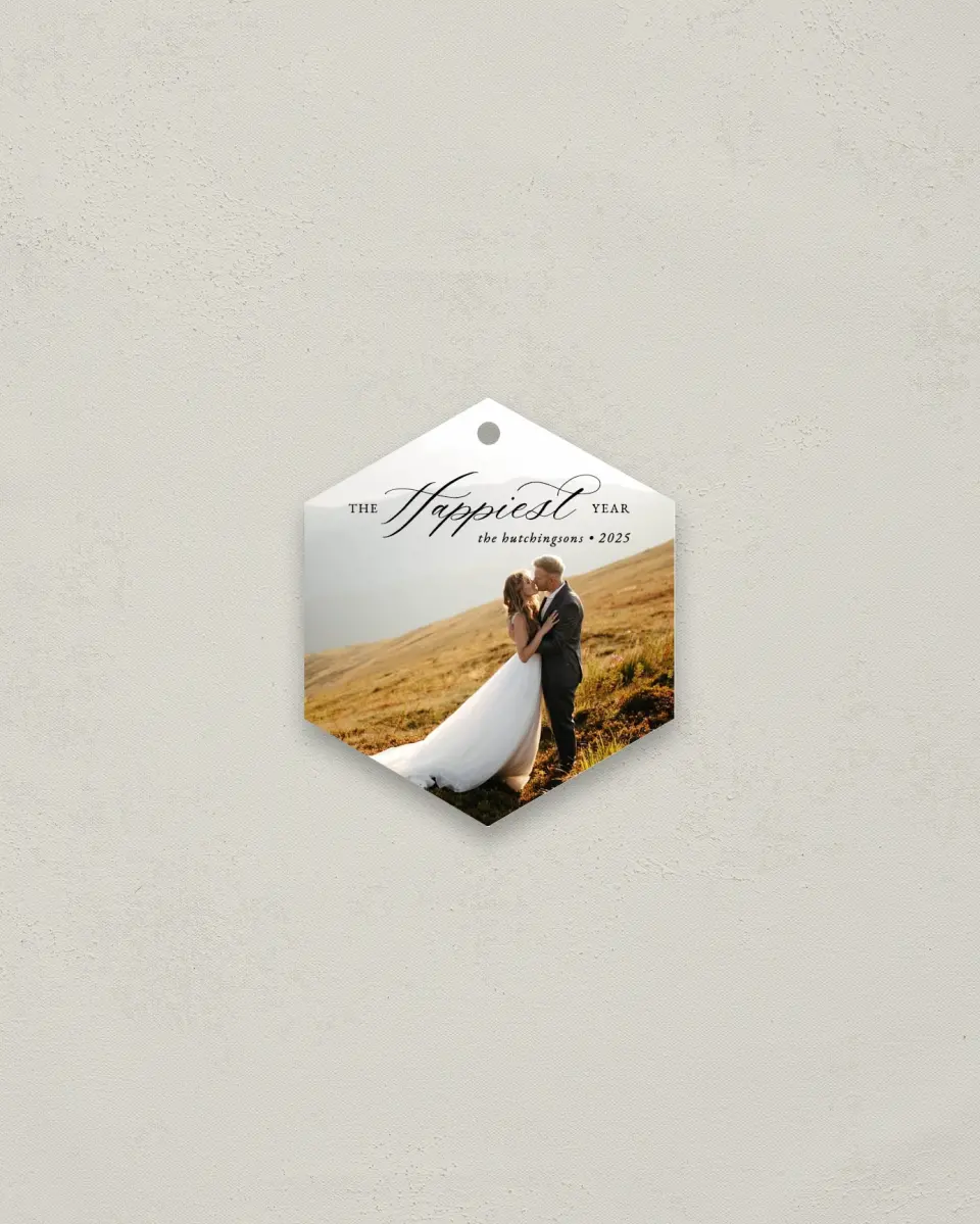 This is a 3" x 3" Wedding Metal Ornament called Happiest Year printed in full color
