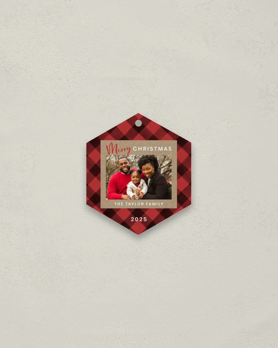 This is a 3" x 3" Metal Ornament called Plaid Christmas printed in full color