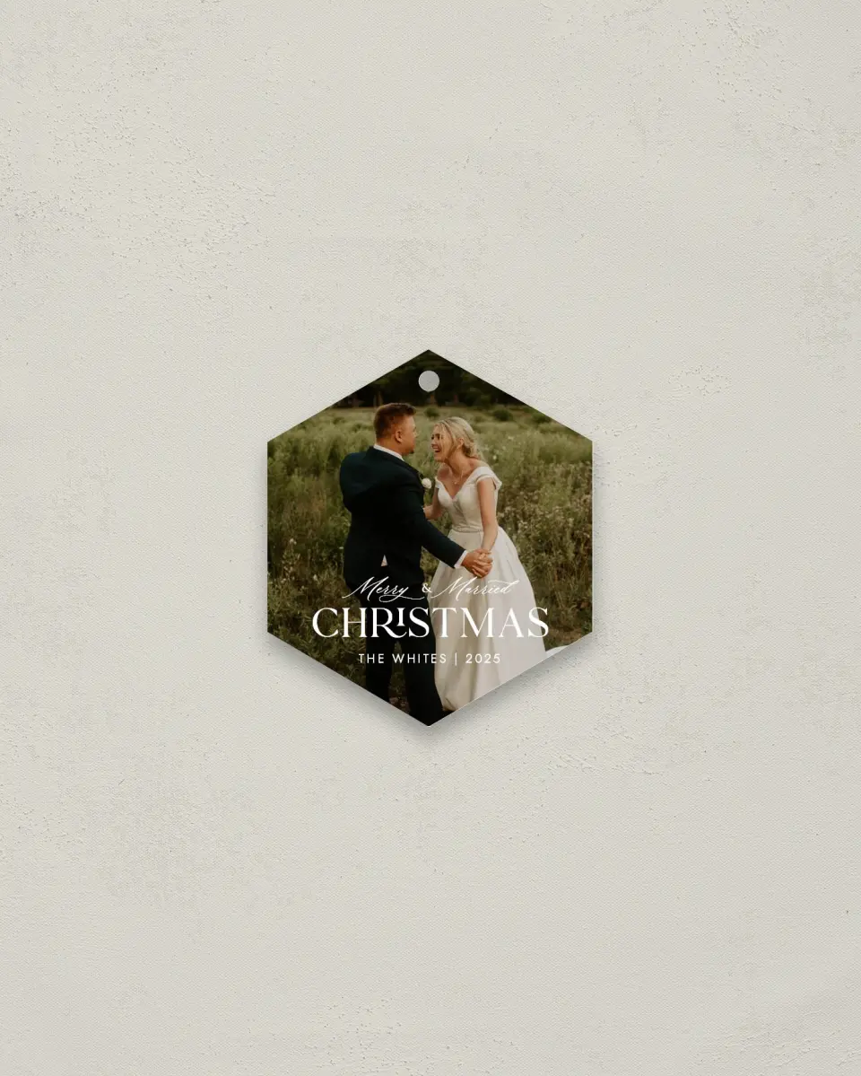 This is a 3" x 3" Wedding Metal Ornament called Scripted Merry printed in full color