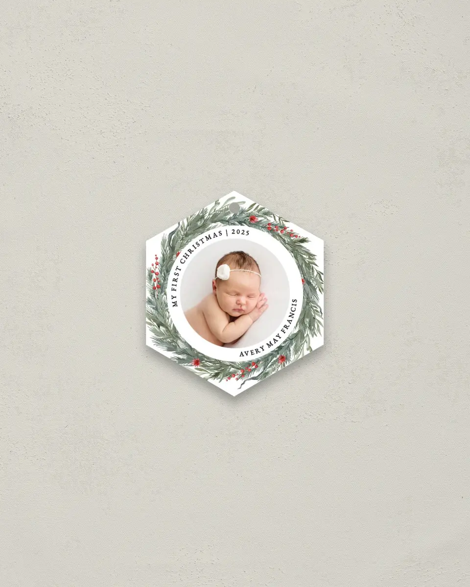 This is a 3" x 3" Metal Ornament called Baby's First Christmas printed in full color