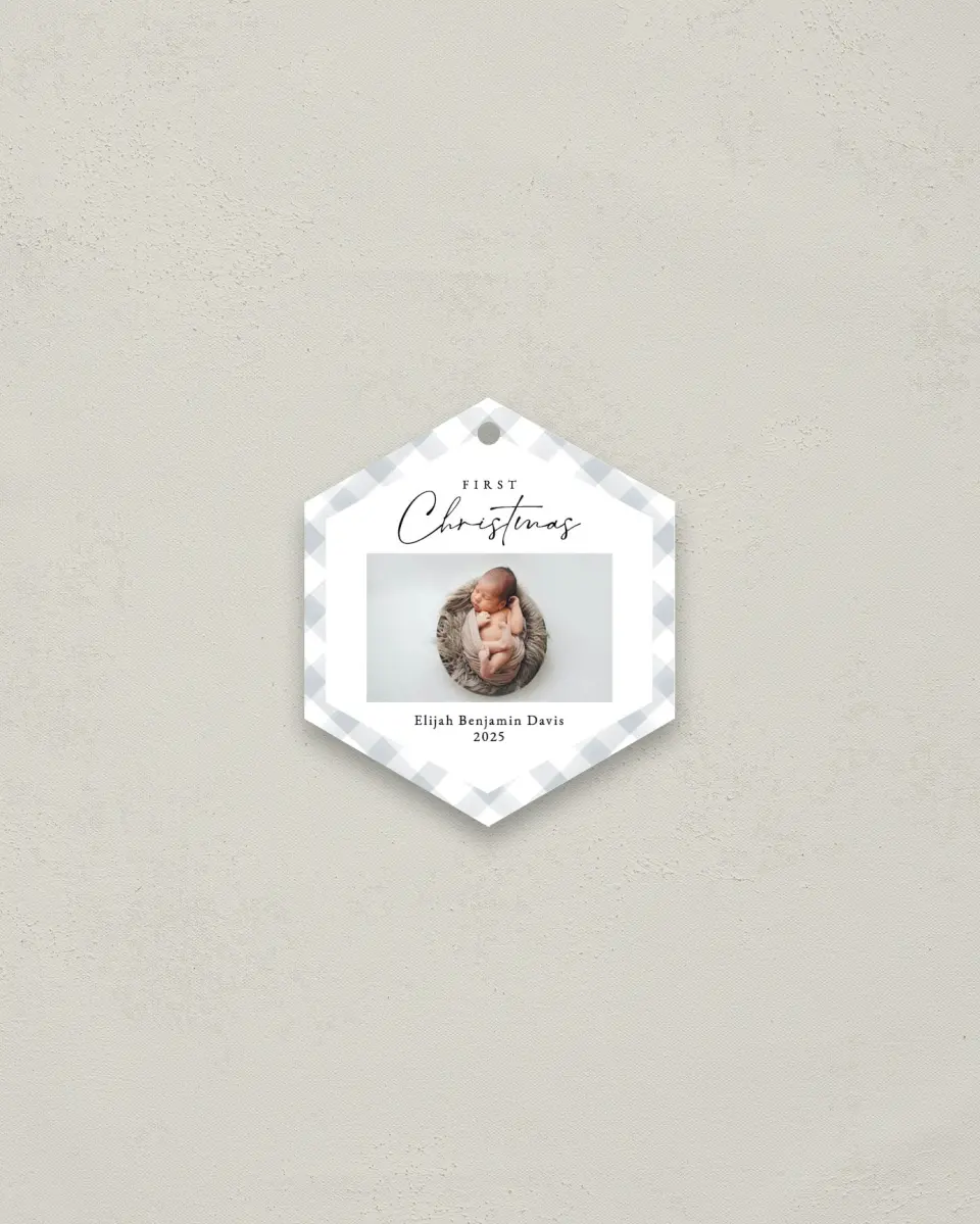 This is a 3" x 3" Metal Ornament called First Christmas for Baby printed in full color