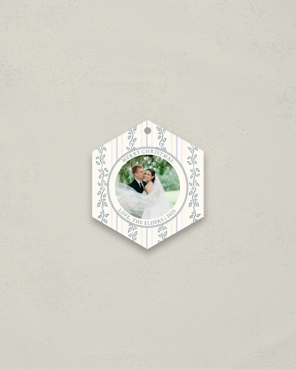 This is a 3" x 3" Wedding Metal Ornament called Petal and Pine printed in full color
