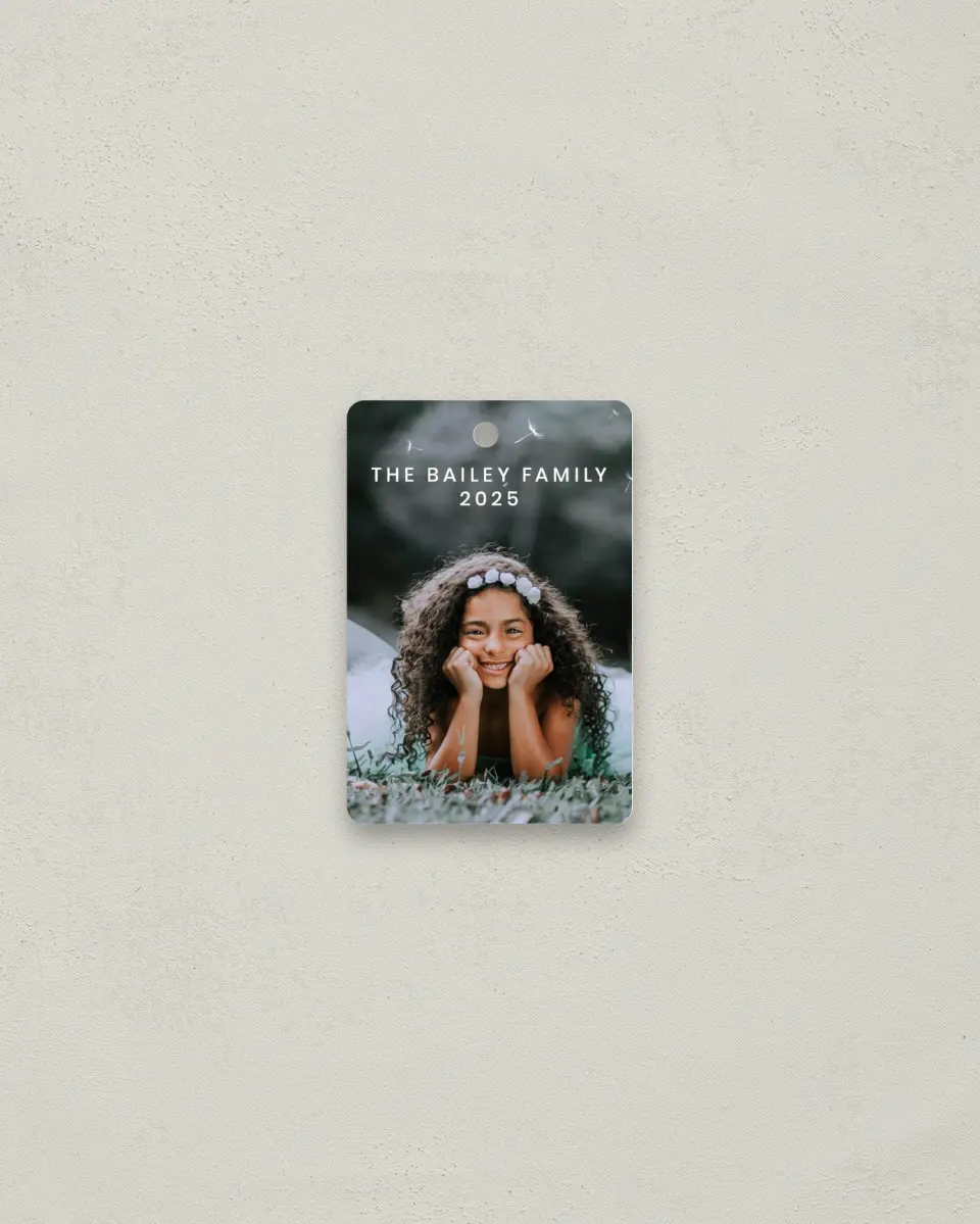 This is a 2" x 3" Metal Ornament called Full Photo with Text printed in full color