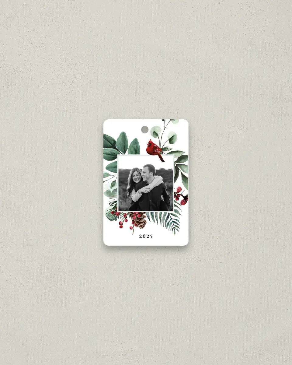 This is a 2" x 3" Metal Ornament called Beautiful Boughs printed in full color