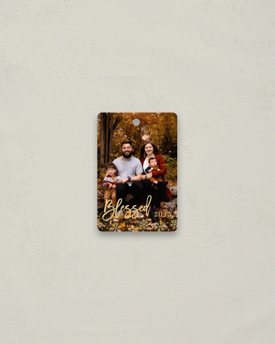 This is a 2" x 3" Metal Ornament called Snow Blessed printed in full color
