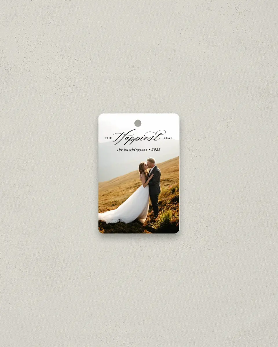 This is a 2" x 3" Wedding Metal Ornament called Happiest Year printed in full color
