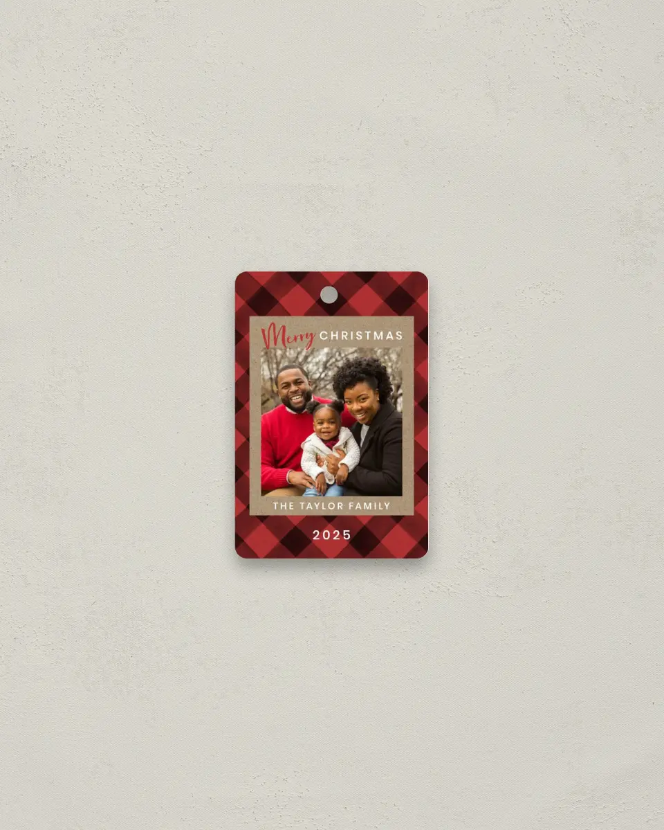 This is a 2" x 3" Metal Ornament called Plaid Christmas printed in full color