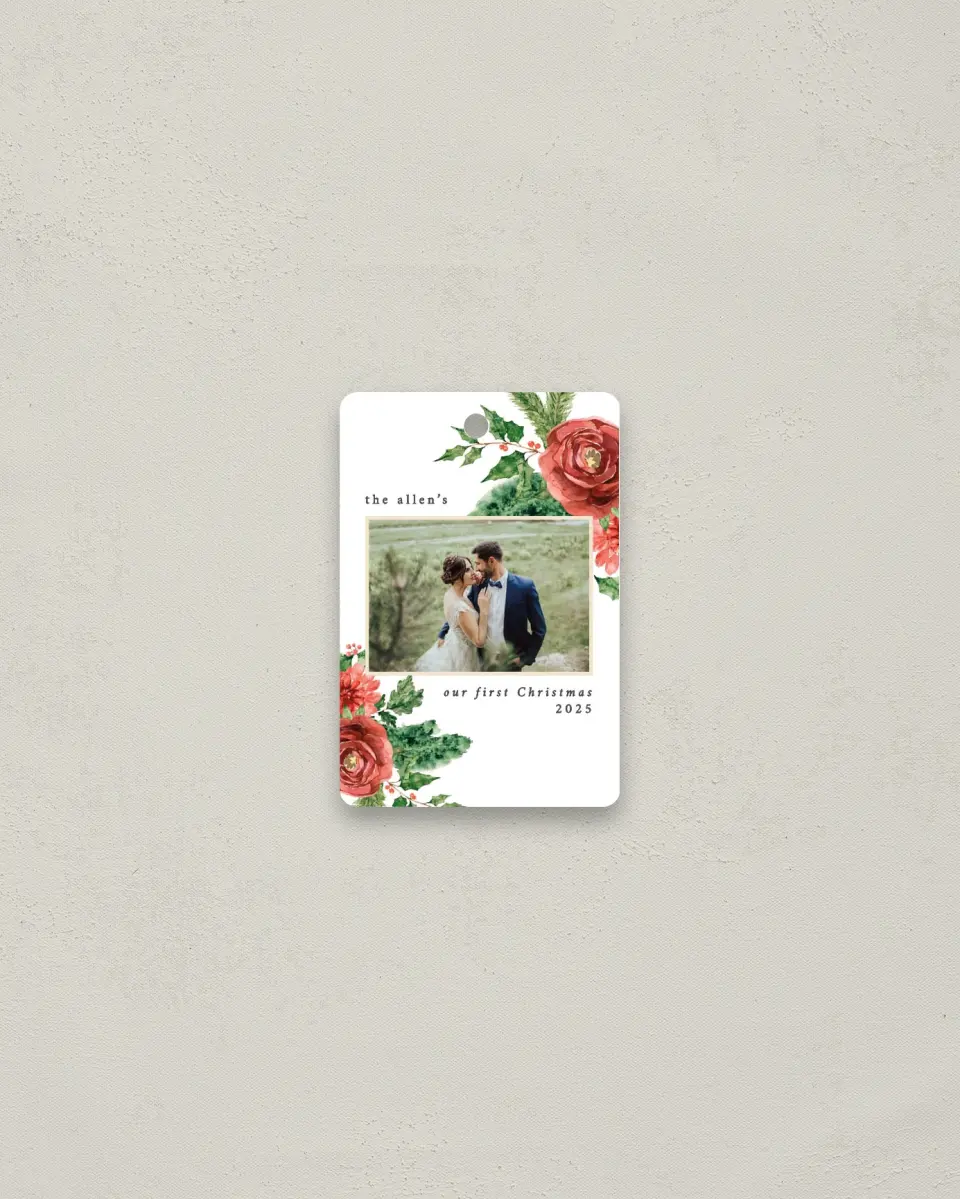 This is a 2" x 3" Wedding Metal Ornament called Christmas Roses printed in full color