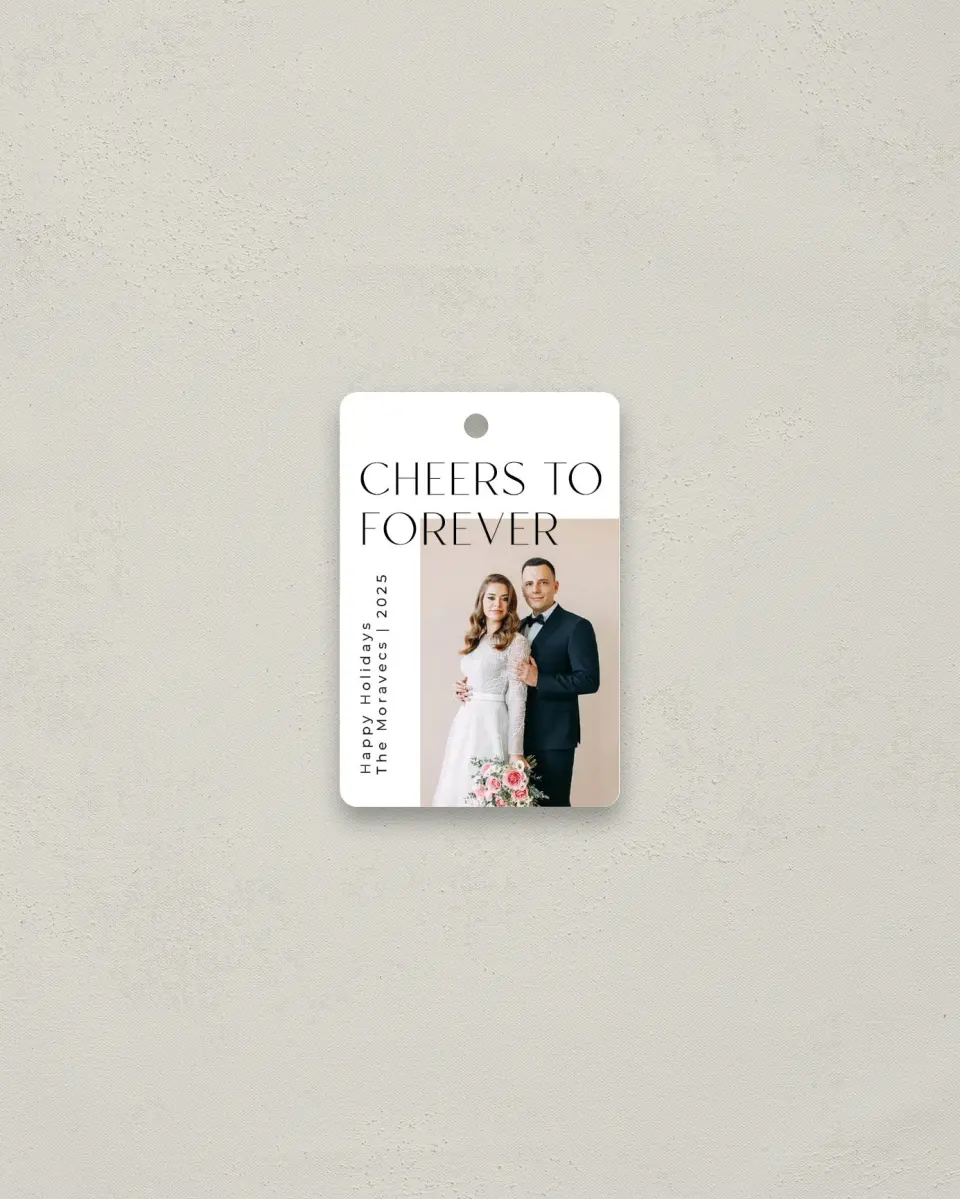 This is a 2" x 3" Wedding Metal Ornament called Cheers to Forever printed in full color
