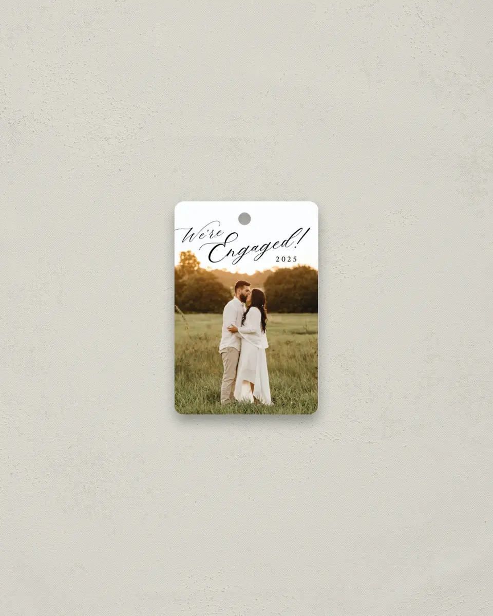 This is a 2" x 3" Wedding Metal Ornament called Elegant Engagement printed in full color