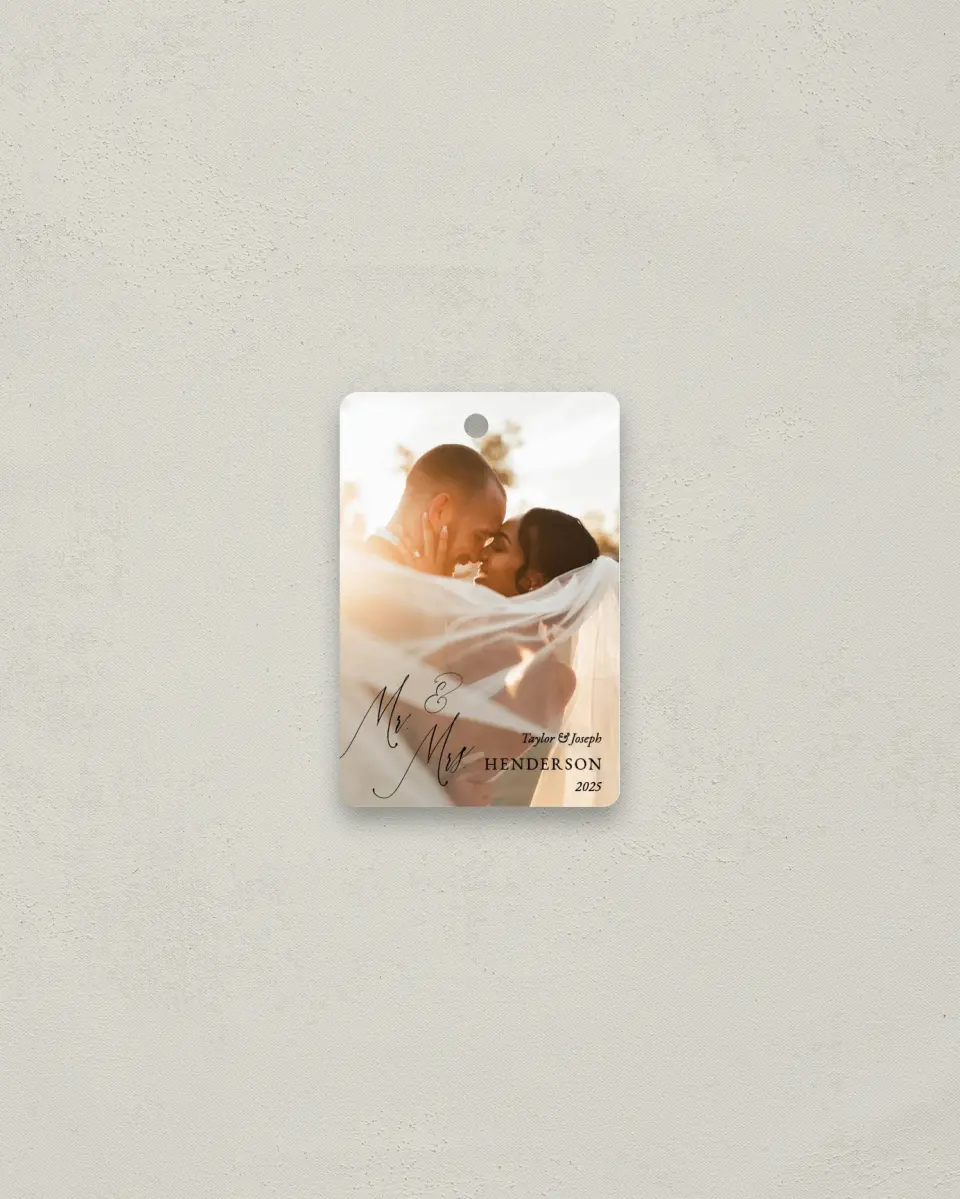 This is a 2" x 3" Wedding Metal Ornament called Dramatic Greetings printed in full color
