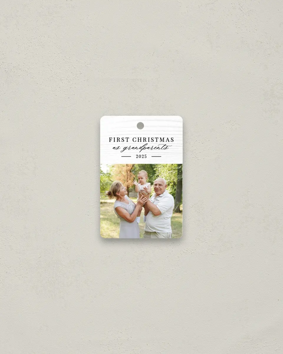 This is a 2" x 3" Metal Ornament called First Christmas as Grandparents printed in full color