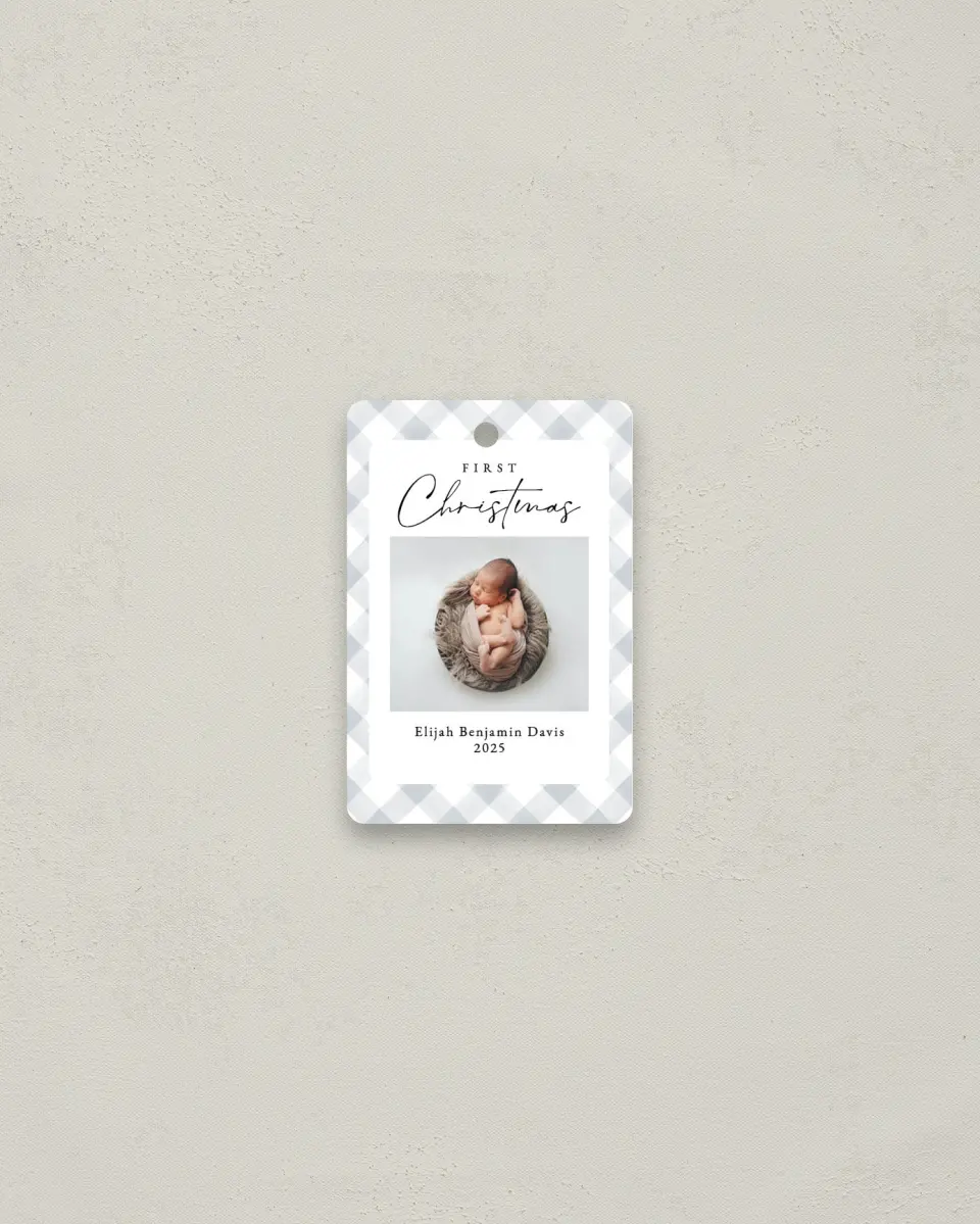 This is a 2" x 3" Metal Ornament called First Christmas for Baby printed in full color