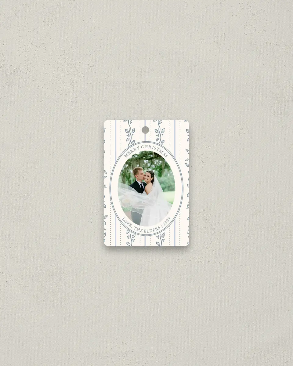 This is a 2" x 3" Wedding Metal Ornament called Petal and Pine printed in full color