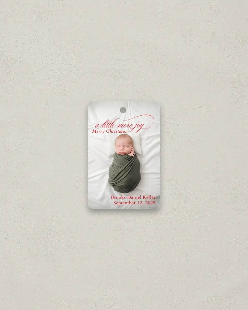 This is a 2" x 3" Wedding Metal Ornament called Little More Joy printed in full color