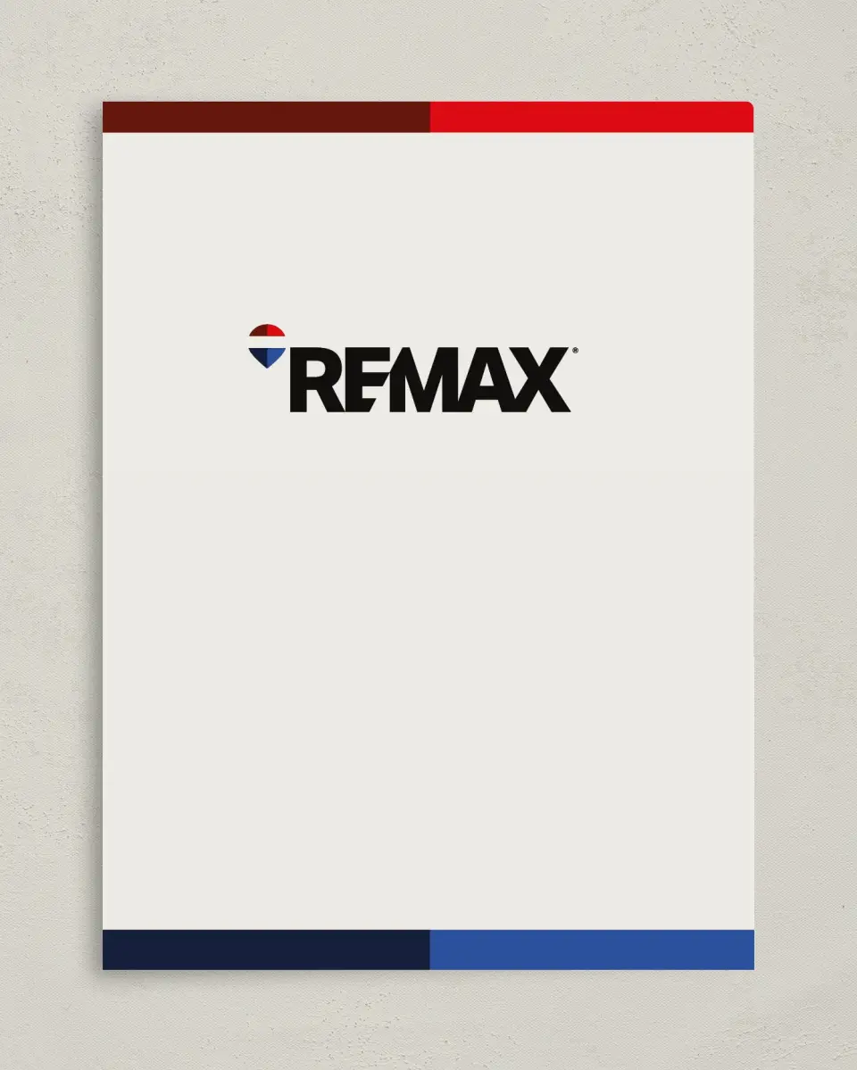 This is a 9" x 12" REMAX Presentation Folder called REMAX Bold Bands printed in full color on Gloss Finish paper
