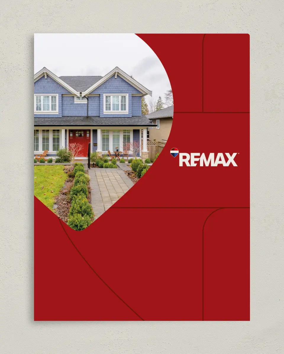 This is a 9" x 12" REMAX Presentation Folder called REMAX Local Lens printed in full color on Gloss Finish paper