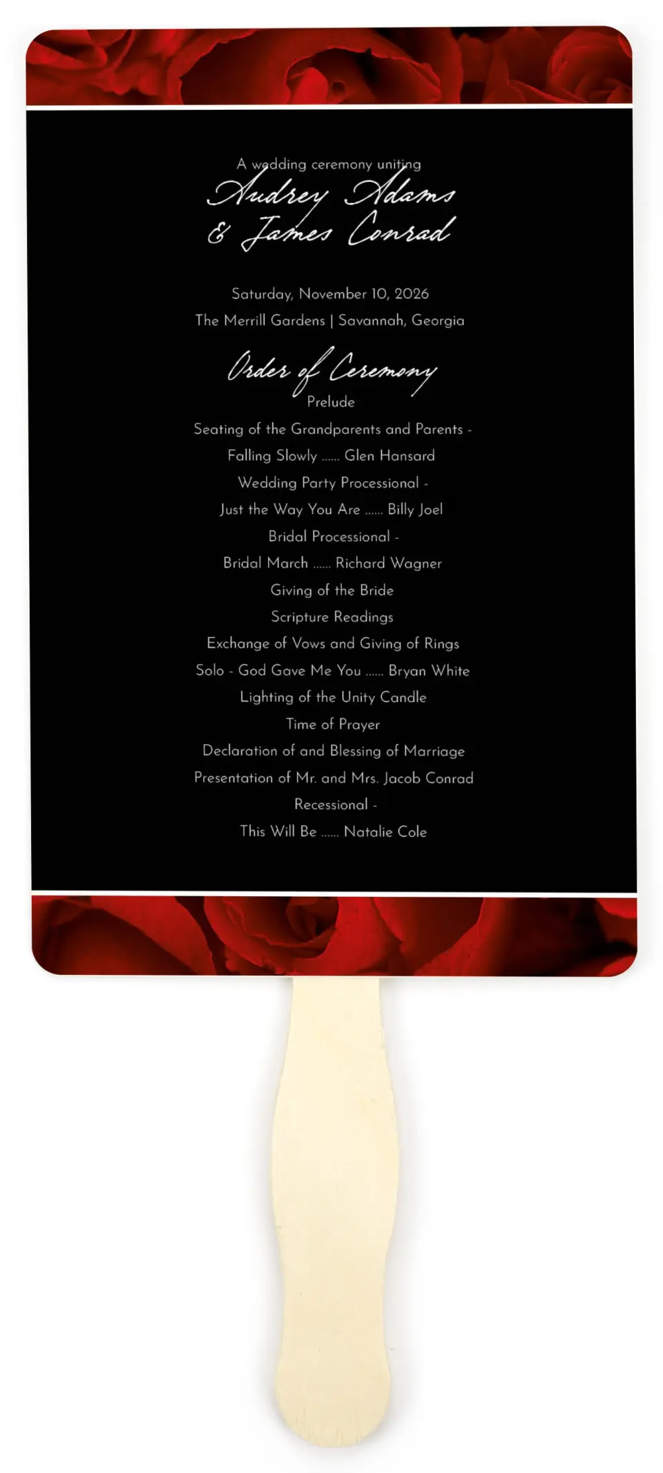 This is a 5" x 7⅞" Wedding Program Fan called Dramatic Roses printed in full color on Premium Smooth paper