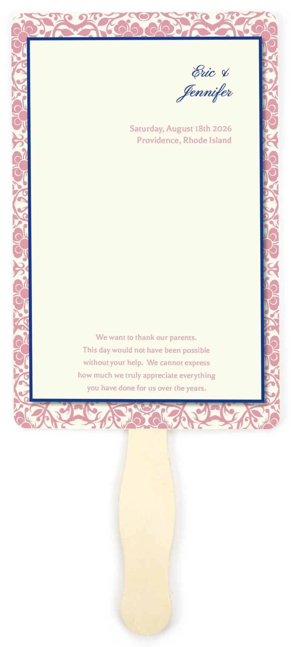 This is a 5" x 7⅞" Wedding Program Fan called Floral Ornament printed in full color on Premium Smooth paper