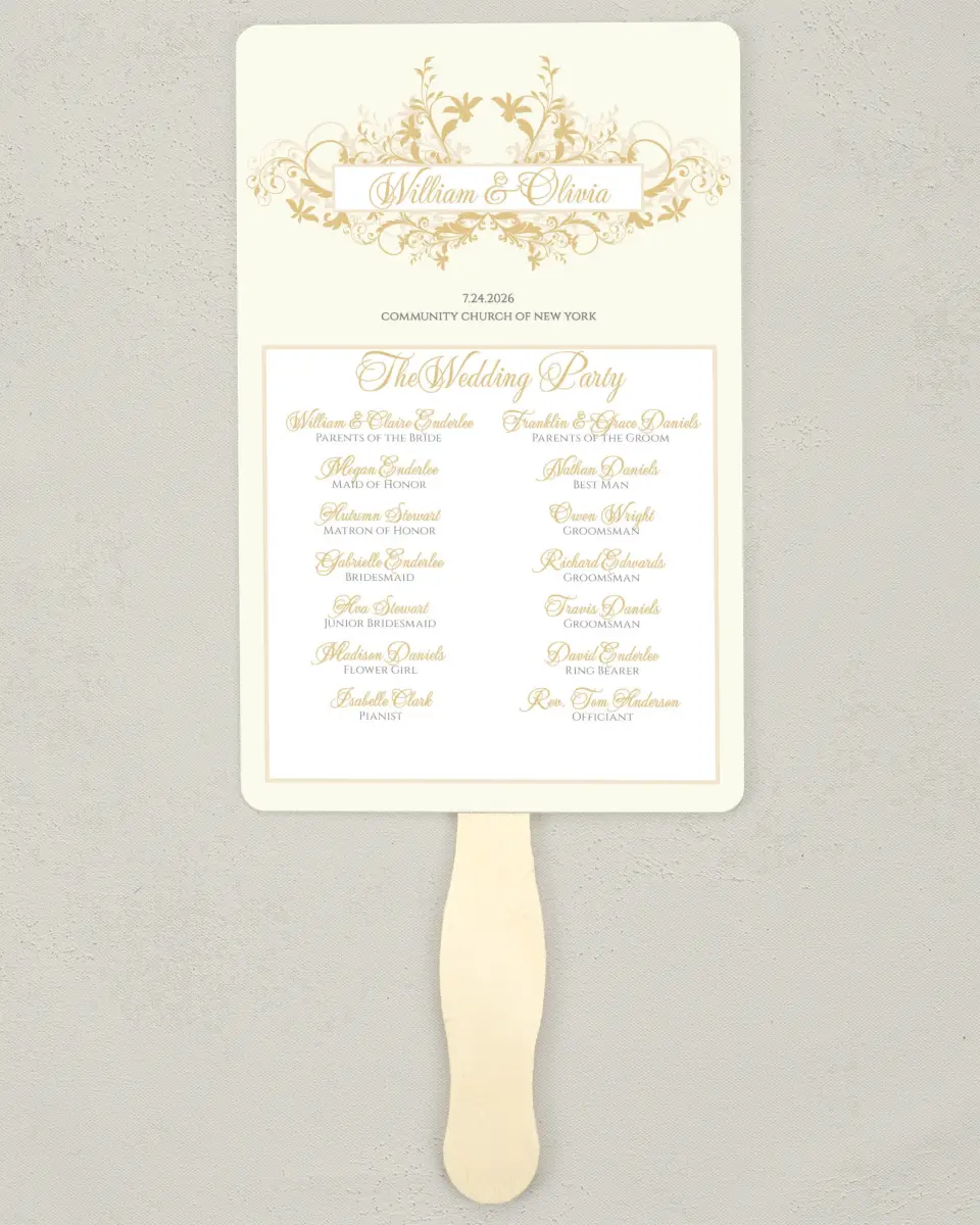 This is a 5" x 7⅞" Wedding Program Fan called Classic Allure printed in full color with Silver foil on Luxe Satin (coated) paper