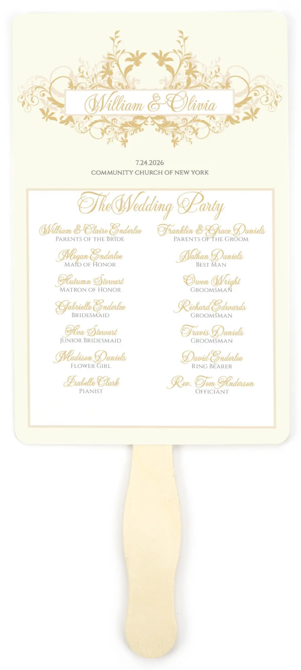 This is a 5" x 7⅞" Wedding Program Fan called Classic Allure printed in full color on Premium Smooth paper