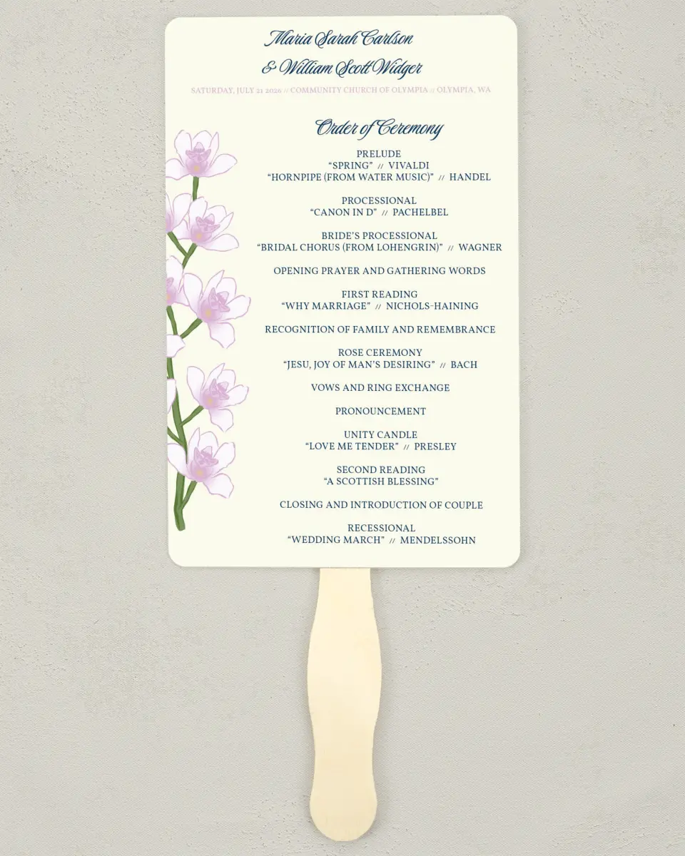 This is a 5" x 7⅞" Wedding Program Fan called Waking Beauty printed in full color on Premium Smooth paper