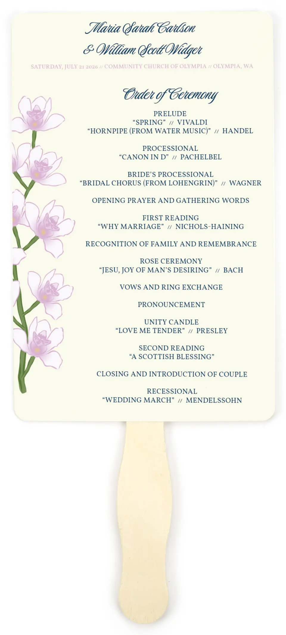 This is a 5" x 7⅞" Wedding Program Fan called Waking Beauty printed in full color on Premium Smooth paper