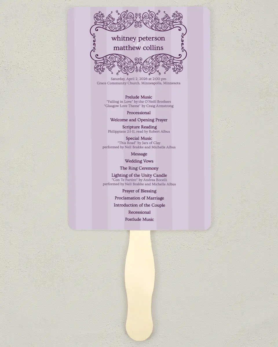 This is a 5" x 7⅞" Wedding Program Fan called Lovely Lavender printed in full color on Premium Smooth paper