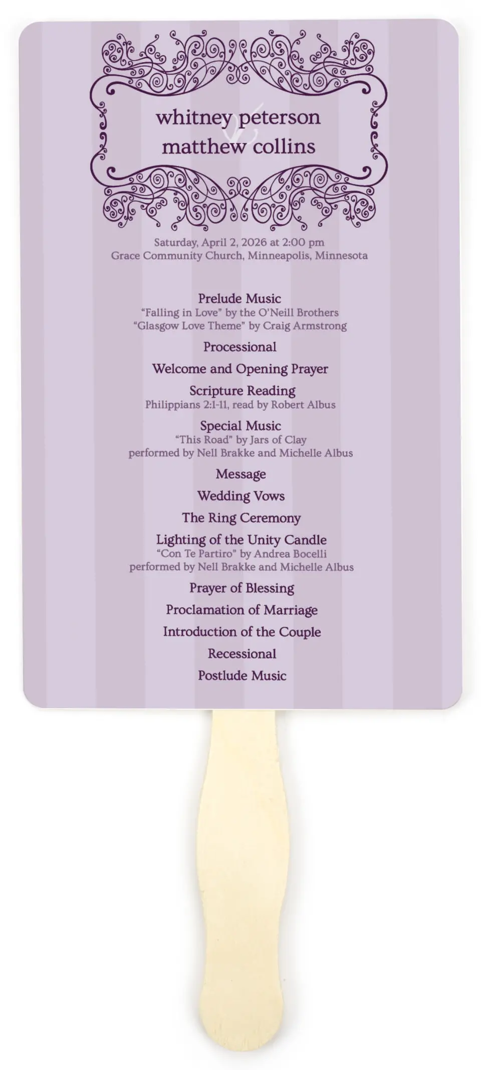 This is a 5" x 7⅞" Wedding Program Fan called Lovely Lavender printed in full color on Premium Smooth paper