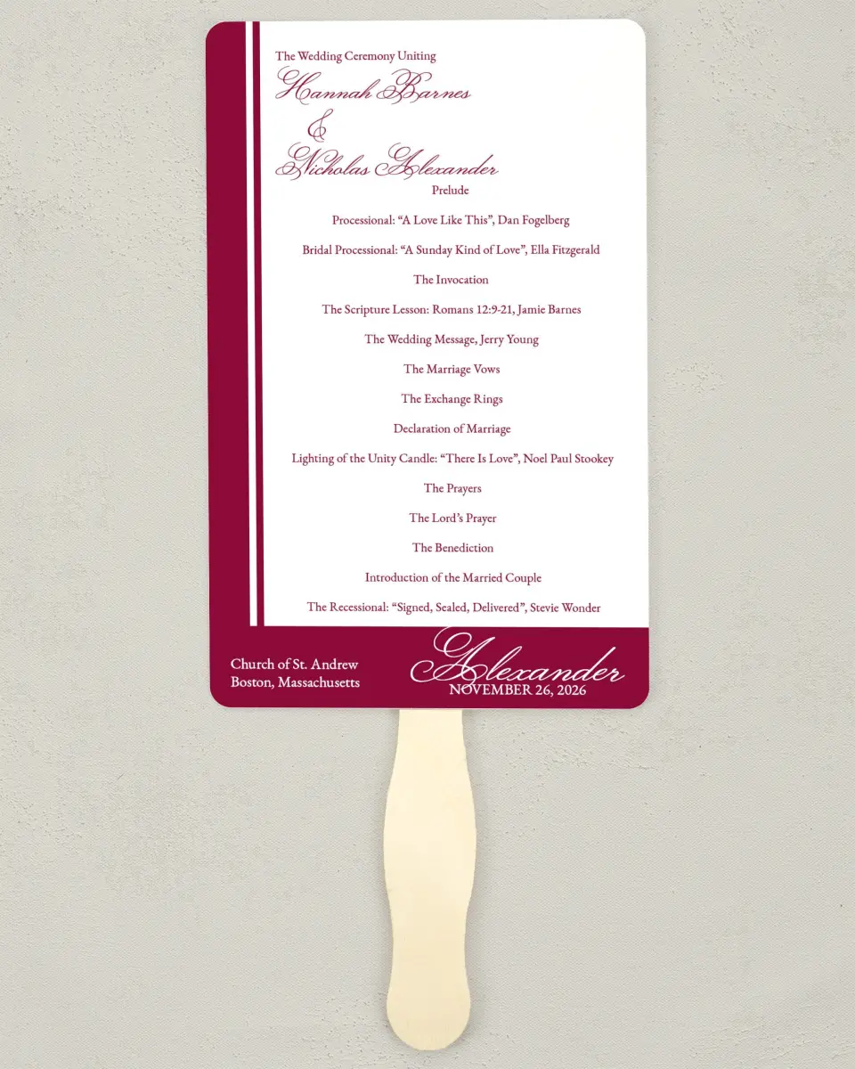 This is a 5" x 7⅞" Wedding Program Fan called Forever Yours printed in full color with Silver foil on Luxe Satin (coated) paper
