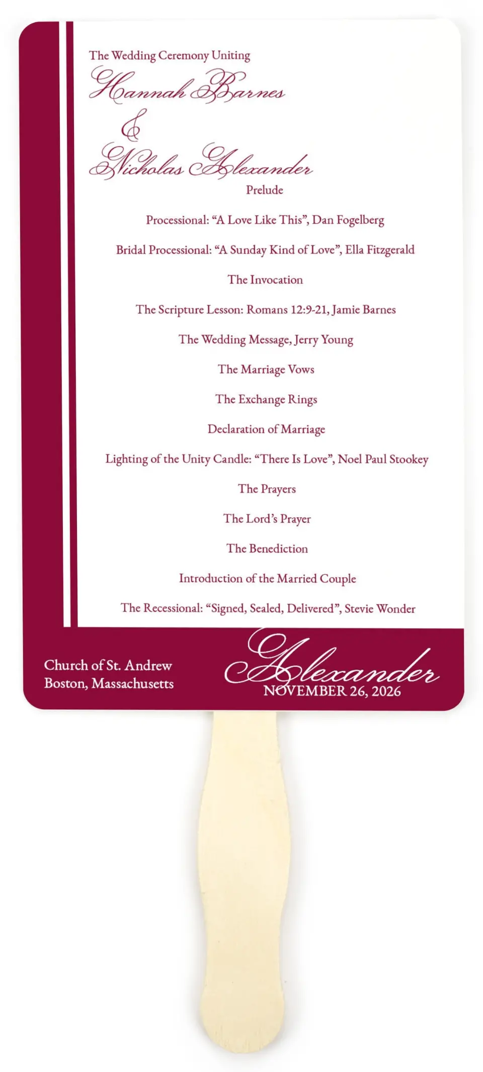 This is a 5" x 7⅞" Wedding Program Fan called Forever Yours printed in full color with Gold foil on Luxe Satin (coated) paper