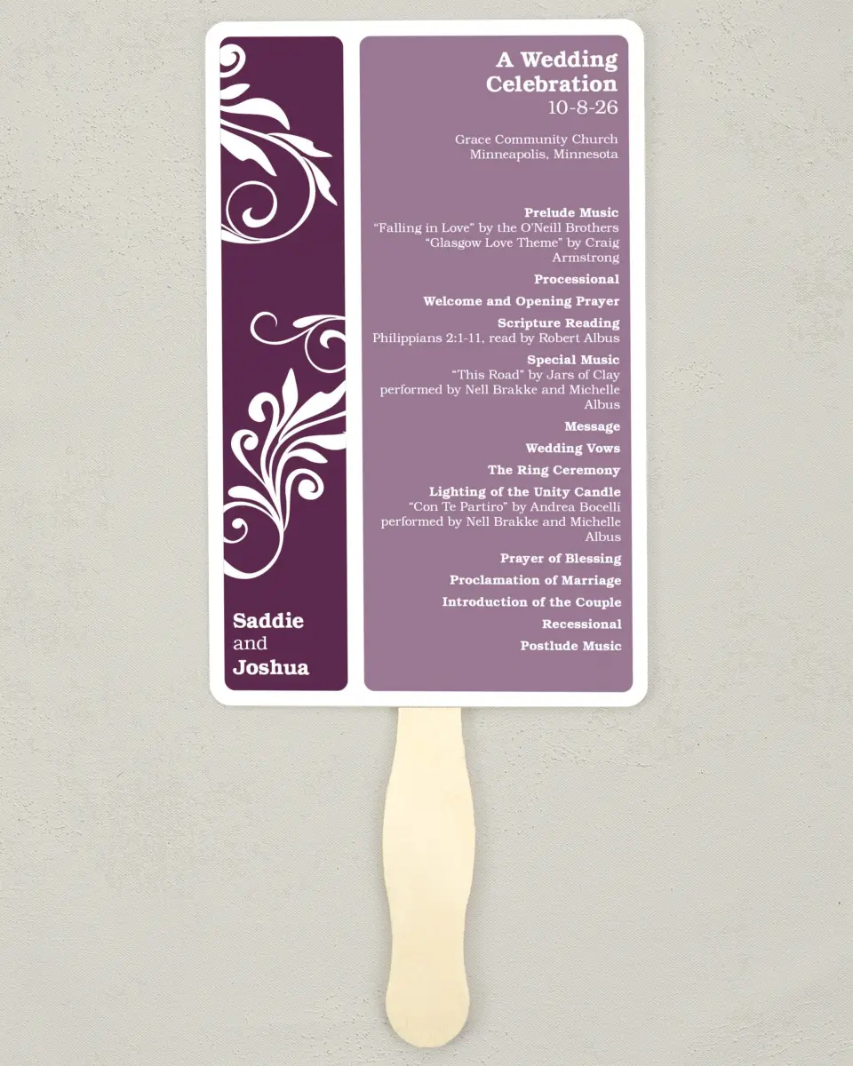 This is a 5" x 7⅞" Wedding Program Fan called Alluring Affection printed in full color with Silver foil on Luxe Satin (coated) paper