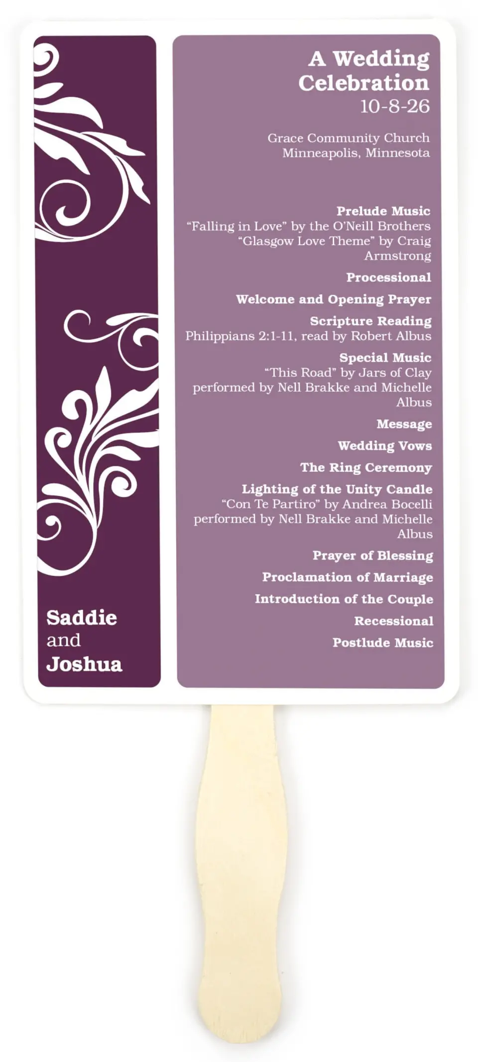 This is a 5" x 7⅞" Wedding Program Fan called Alluring Affection printed in full color on Premium Smooth paper